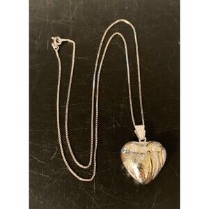 Vintage Sterling Silver Etched Puffy Heart Necklace Two Tone Gold Vermeil 20”